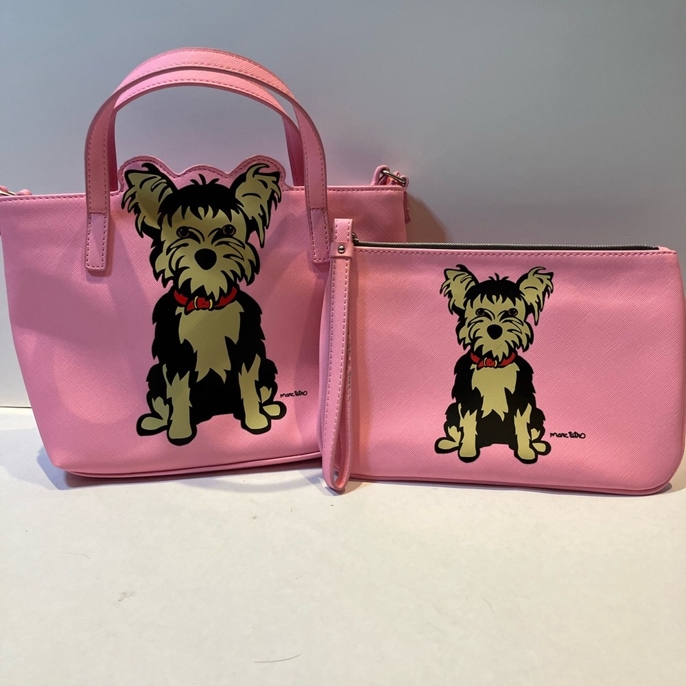 Marc Tetro pink tote and pouch set with yorkie print